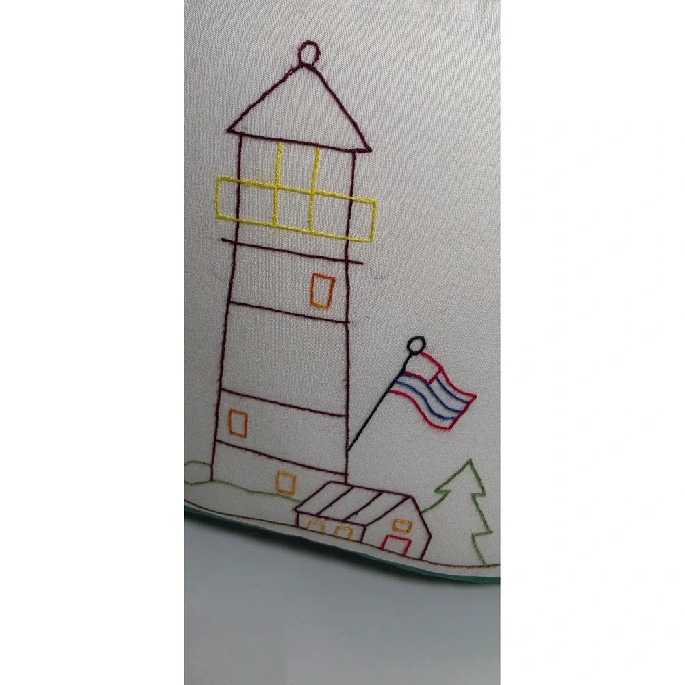 Double sided Hand Embroidered Lighthouse Nautical Throw Pillow Green 11